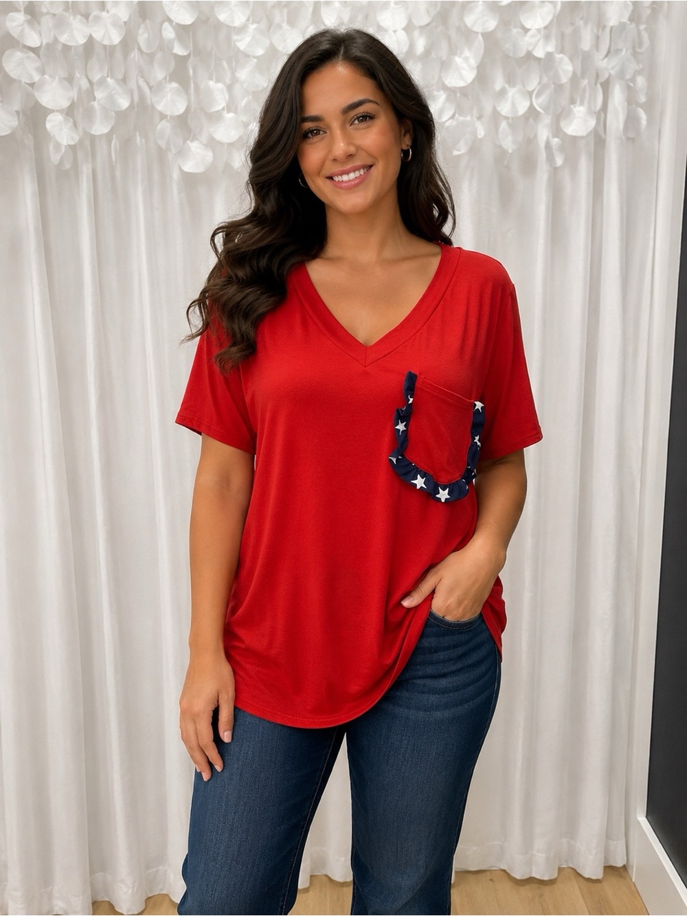 Womens short sleeve top with v neck and star trimmed pocket